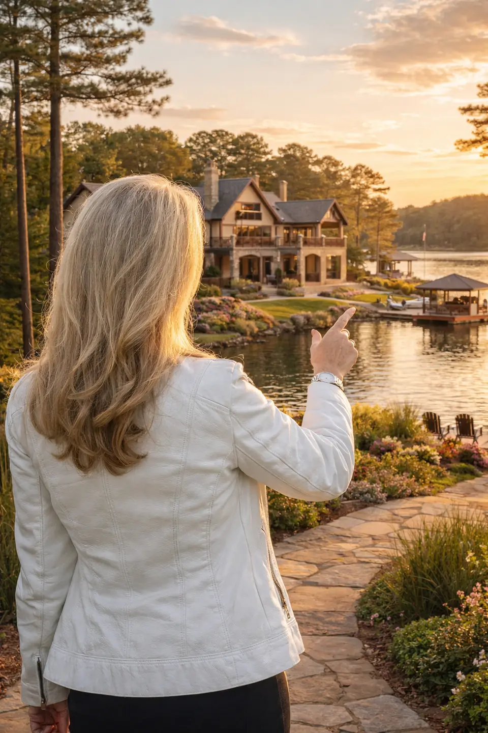 Charlene Hall, East TX Realtor, pointing out a Lake Palestine-area lakefront home at sunset