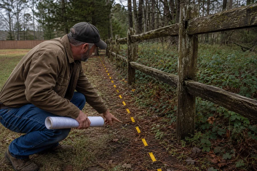 Man kneeling at a split-rail fence pointing to a dashed gold property line while holding a rolled survey, East Texas backyard