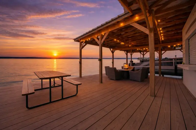 Covered boathouse deck with string lights seating and Lake Palestine sunset views at Sunrise Shores waterfront home Chandler TX