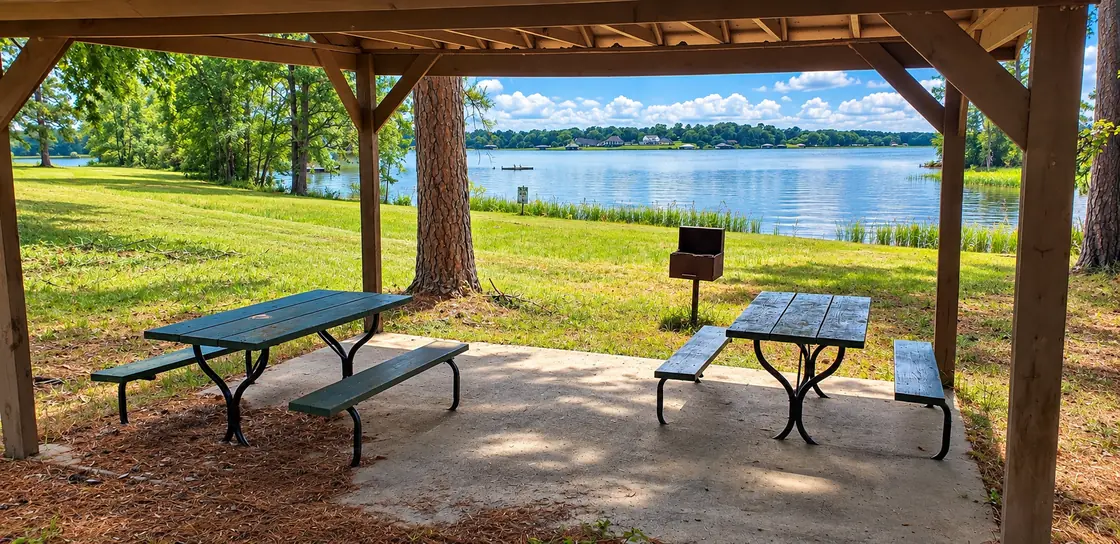 Covered picnic pavilion with tables and a grill overlooking Lake Palestine in Shadybrook, a gated community in Bullard, TX.