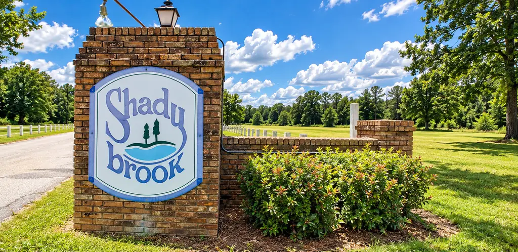 Brick entrance sign for Shadybrook, a gated Lake Palestine community in Bullard, TX.